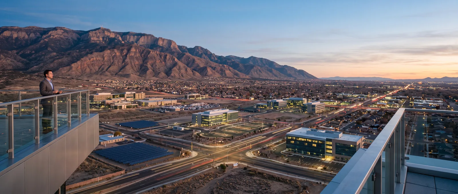 Downtown Albuquerque at dusk with the Sandia mountains glowing behind the skyline