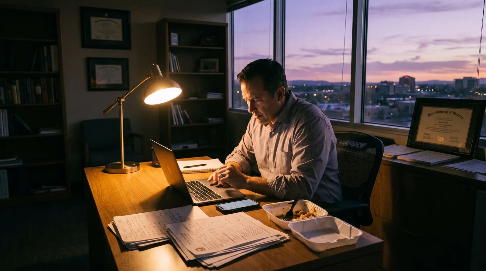 A business owner working alone at a desk lamp after everyone else has gone home, city dusk through the window