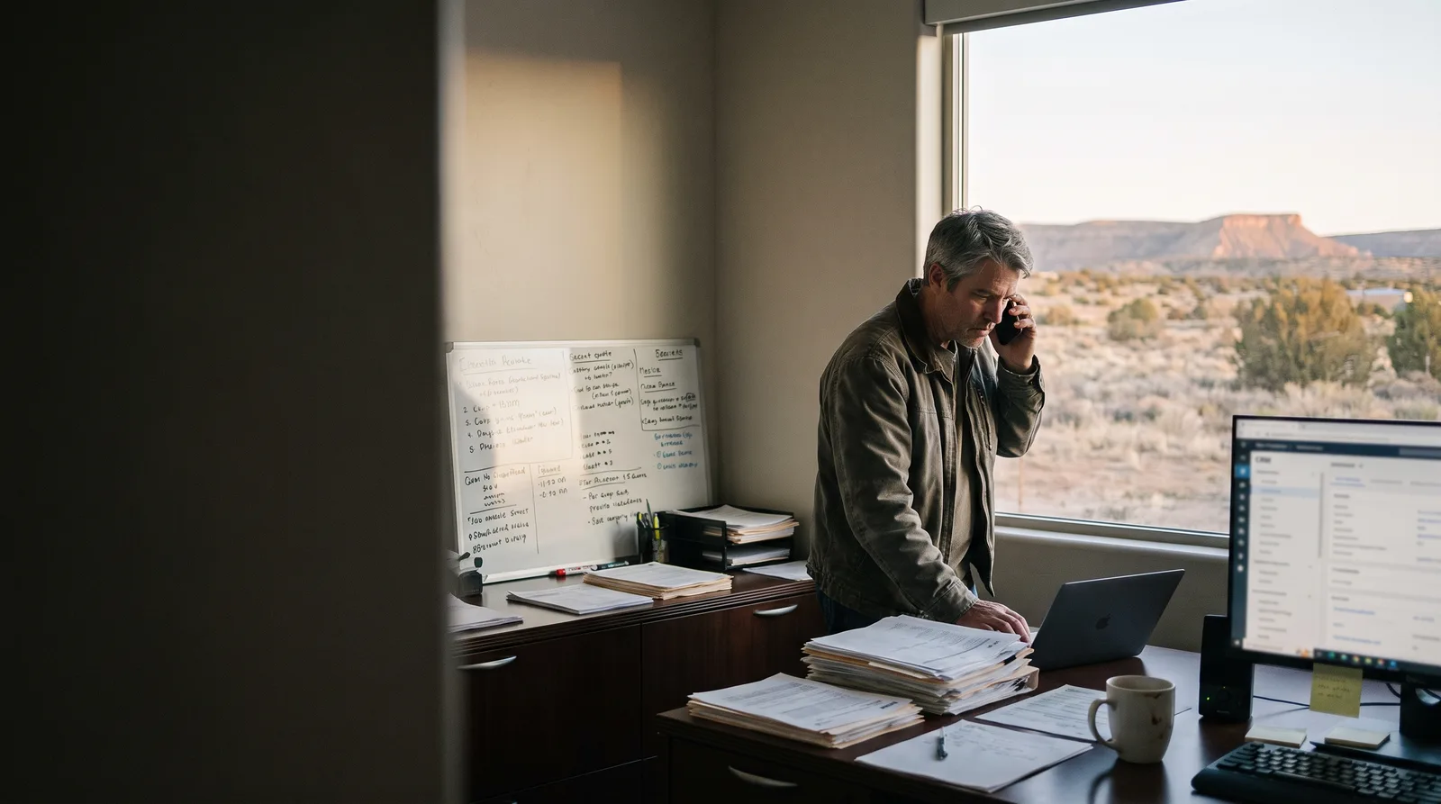 A business owner on the phone at a working office desk, notes pinned on the board behind