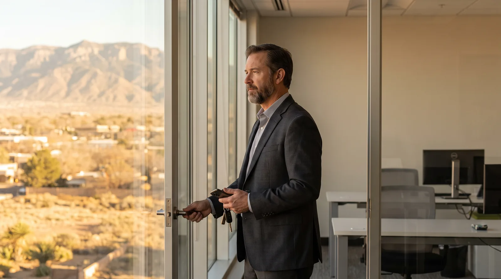A business owner standing at an office window, looking out toward the Sandia mountains