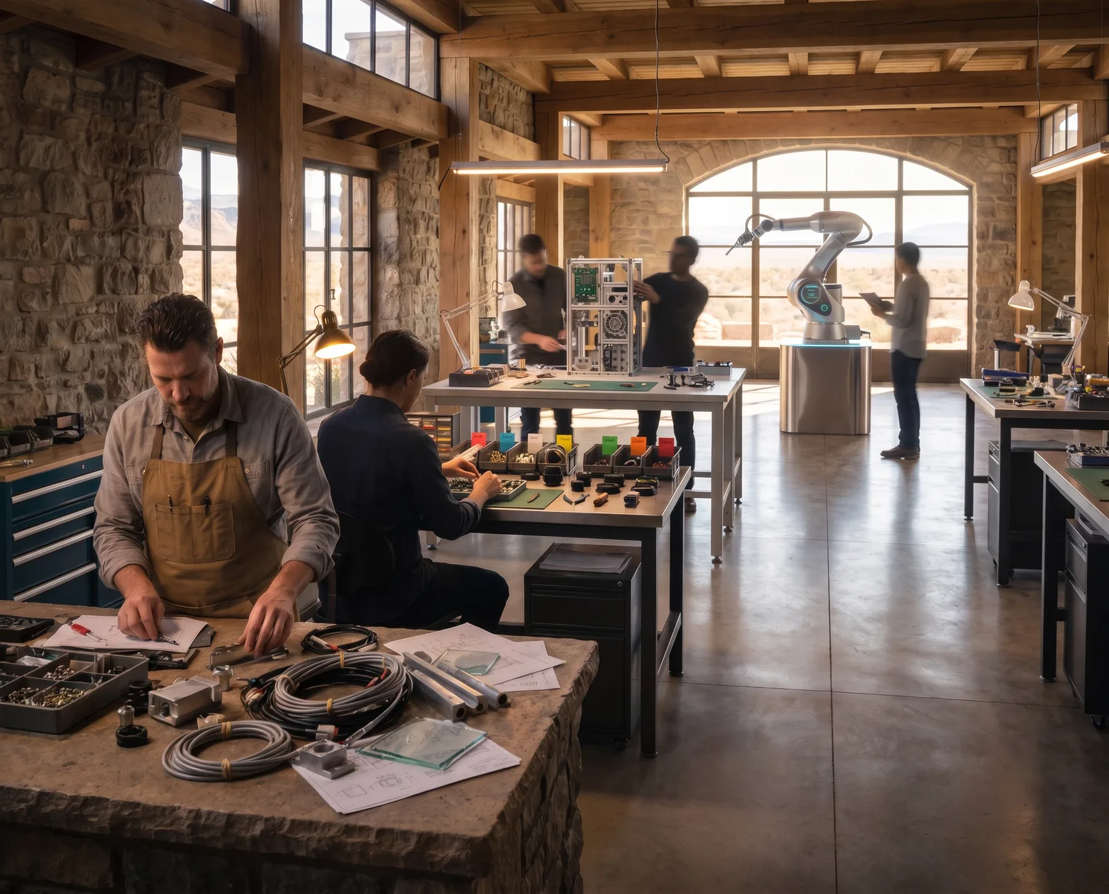 A sunlit workshop with work laid out across benches, a machine arm and components mid-assembly